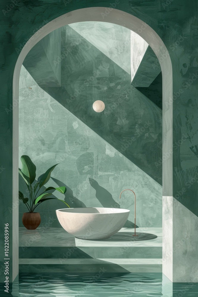 Canvas Prints A bathtub sits in a green room with a plant and a light fixture above. AI.