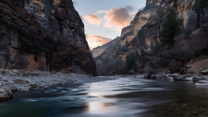 Serene Gorge at Sunrise with Warm Glow