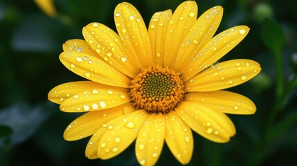 A close-up of a yellow daisy with dew drops glistening on its petals, capturing the freshness of a new morning.