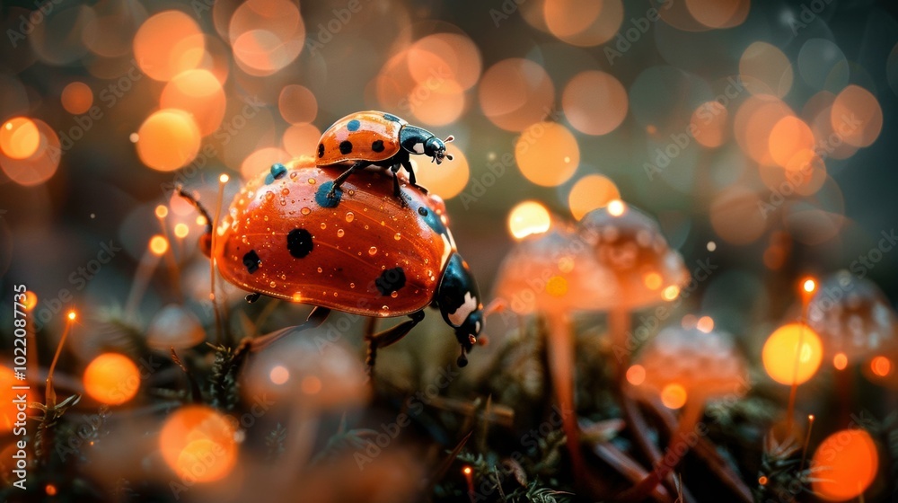 Canvas Prints Two ladybugs on a mushroom with an orange bokeh background. AI.