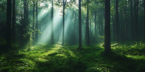Naklejka premium Sunlight streaming through a misty forest