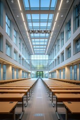 Obraz premium Long rows of desks in a modern building with a glass ceiling. AI.