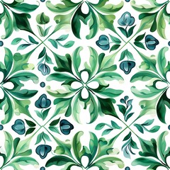 Fototapeta premium Ethnic folk ceramic tile in talavera style with green floral ornament. Italian pattern, traditional Portuguese and Spain decor. Mediterranean porcelain pottery isolated on white background