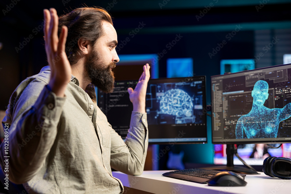 Poster self aware ai gaining anthropomorphic form inside cyberspace, waving hand, saluting confused softwar