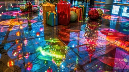 Fototapeta premium Colorful Reflections of Holiday Decorations on Floor