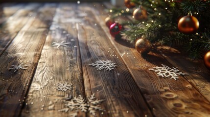 Festive Winter Scene with Ornaments and Snowflakes