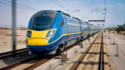  high-speed train racing through a green countryside with motion blur. The train is sleek and silver, with its body glinting in the sunlight. The train is cutting through vibrant fields.