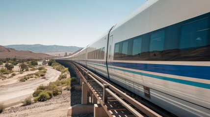 Naklejka premium high-speed train racing through a green countryside with motion blur. The train is sleek and silver, with its body glinting in the sunlight. The train is cutting through vibrant fields.