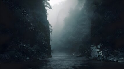 Foggy canyon with dark rocky cliffs
