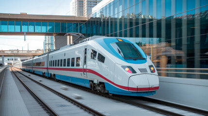 Obraz premium high-speed train racing through a green countryside with motion blur. The train is sleek and silver, with its body glinting in the sunlight. The train is cutting through vibrant fields.