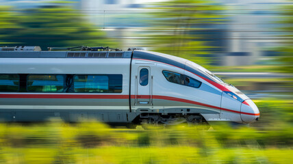  high-speed train racing through a green countryside with motion blur. The train is sleek and silver, with its body glinting in the sunlight. The train is cutting through vibrant fields.