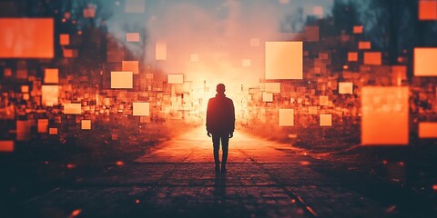 Fototapeta premium Silhouette of a person walking towards a bright light in a futuristic digital world