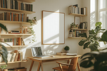 Minimalist Home Office with Bookshelf Desk and Laptop Mockup