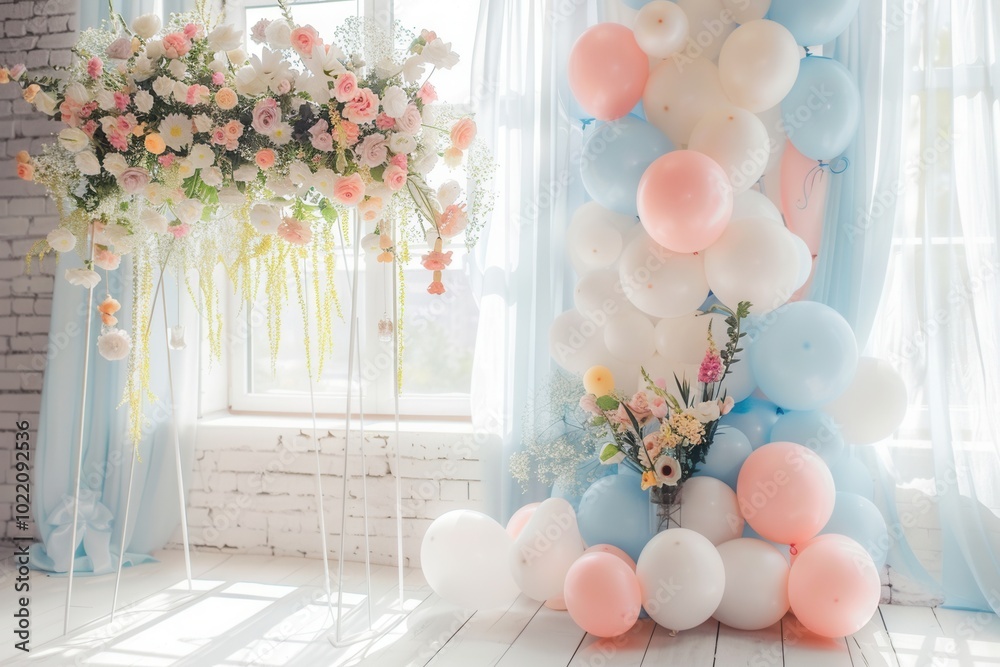 Poster Delicate white and pastel balloons adorn a beautiful wedding ceremony, complemented by floral decorations next to a bright window. Generative AI