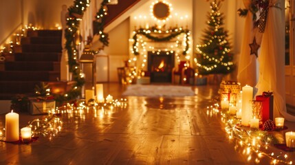 Fototapeta premium Festive Living Room with Holiday Decorations and Lights