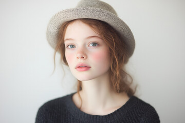 Beautiful Redhead Woman with Hat Portrait Fashion Beauty Girl Face Model Beauty Model
