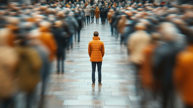 Man in Orange Jacket Standing Still Amidst Blurred Crowd, AI