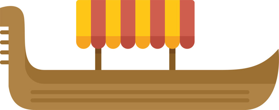 recommend clip art: This colorful vector illustration depicts a traditional gondola boat, featuring a striped canopy, gliding on the tranquil waters of a venetian canal