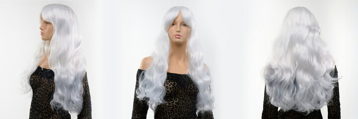 Blonde colored wig on mannequin head on white background in 3 perspectives, front, side, and back