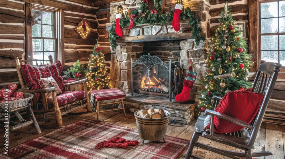 Wall mural Cozy Christmas Cabin with Fireplace and Decorations