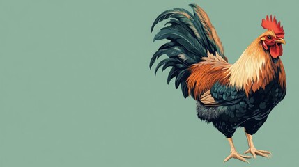 A hen perched on a solid green background, with detailed focus on its colorful plumage.