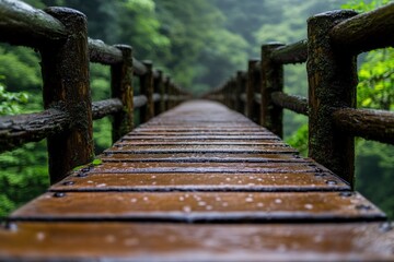 Obraz premium A damp, wooden bridge leads through a lush, green forest, with misty background, capturing a serene and tranquil atmosphere of nature on a rainy day.