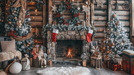 Naklejka premium Cozy Christmas Decor with Trees and Fireplace