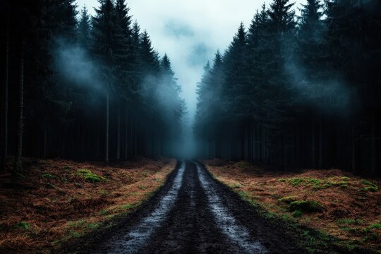 A mysterious, foggy road stretches into a dense forest, surrounded by tall pine trees and enveloping mist, evokes feelings of mystery and exploration.