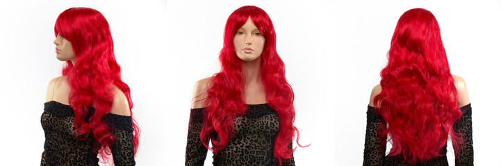 Red wig on mannequin's head on white background in 3 perspectives, front, side, and back
