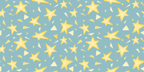 Fototapeta premium Seamless pattern with geometric yellow star and triangle,Fabric pattern for kids on green background.