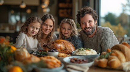 Obraz premium Dad, mom, and daughters gathered around the Christmas table celebrating together, enjoying festive dishes and creating joyful memories, welcoming New Year 2025 with family love