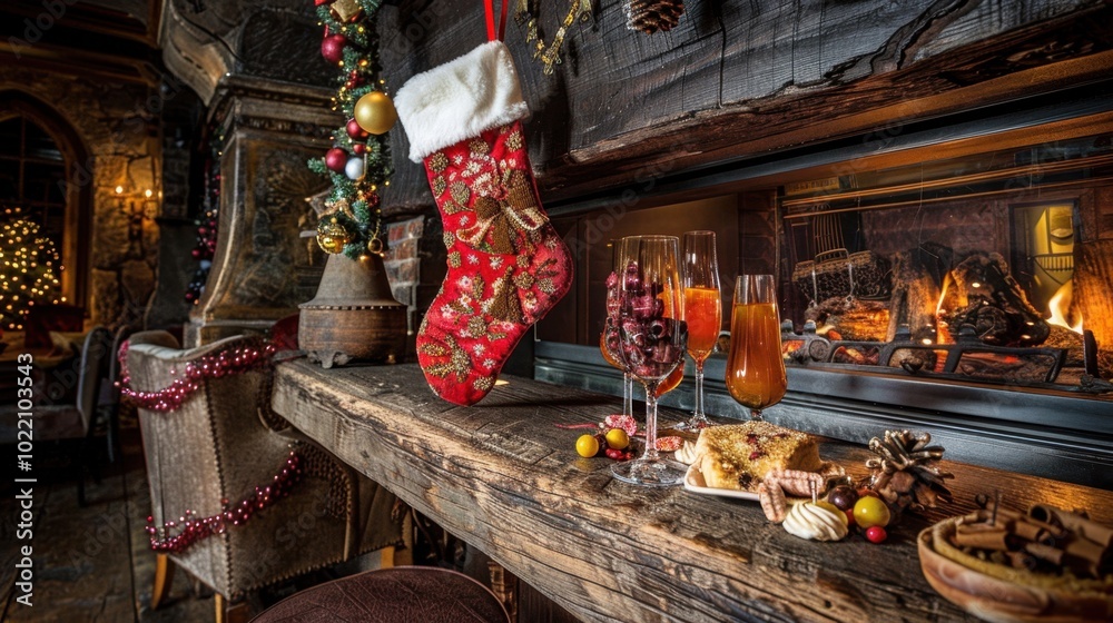 Canvas Prints Cozy Holiday Decor with Fireplace and Festive Drinks