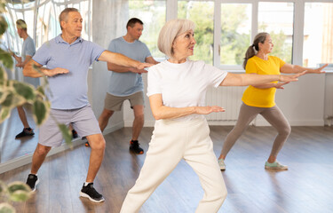 Positive elderly woman practicing Tai Chi with group of aged people, promoting health and wellness...