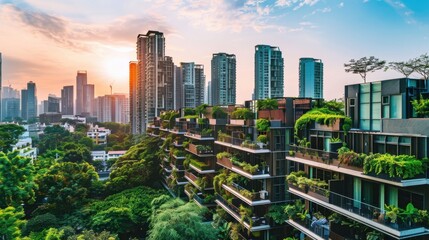 Obraz premium Modern Urban Landscape with Green Architecture at Sunset