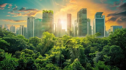 Obraz premium Urban Jungle with Lush Greenery and Modern Skyscrapers