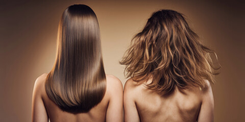Two women with long hair, one with a messy braid. One woman has a messy braid