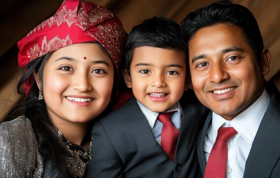 Happy Family Portrait: Nepalese family combining traditional cultural attire with modern styles, radiating joy and togetherness in a warm, natural setting, Bhutanese, Mongolian
