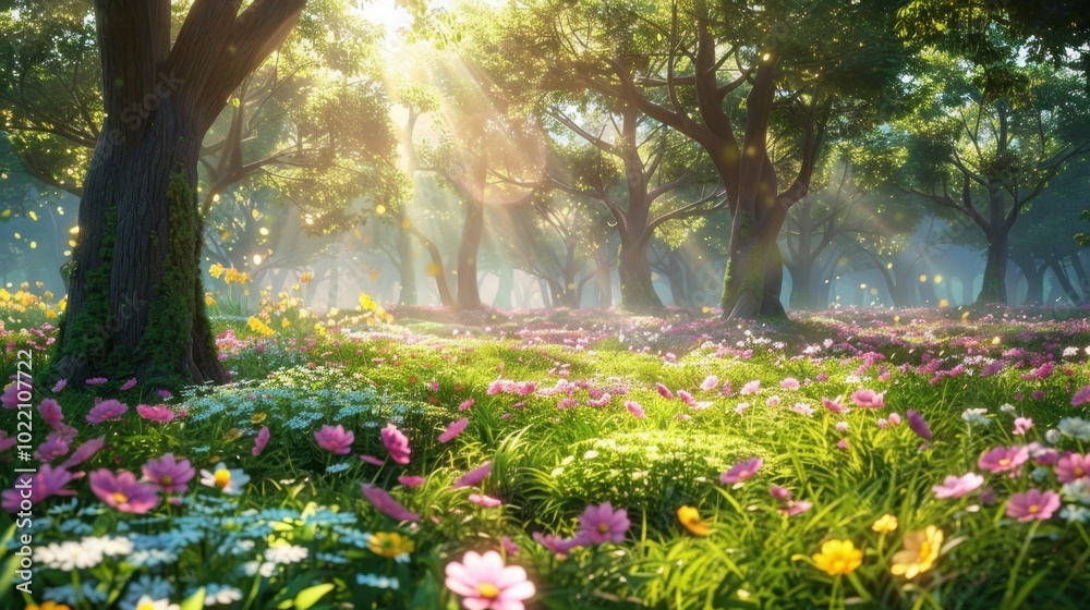 Poster Enchanted Forest with Flowers and Sunlight