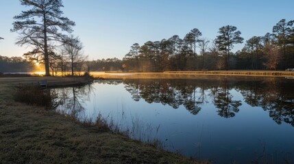 Obraz premium Serene Morning Reflection on Calm Lake