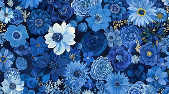 A vibrant blue floral pattern featuring various flowers and botanical elements.