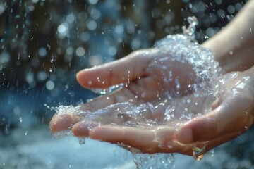 Fototapeta premium Water cascades over hands, emphasizing the essential practice of washing for health and sanitation in everyday routines. Generative AI
