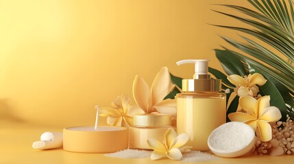 3. **Imagine a stylish display of spa products like moisturizers and scrubs, arranged on a warm yellow backdrop. The layout should provide sufficient space for text, with the yellow background adding