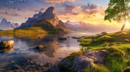 Fototapeta premium Serene Mountain Landscape at Sunrise with Reflections