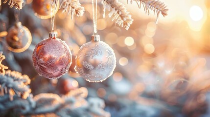Obraz premium Elegant Christmas Ornaments on Frosty Tree Branch
