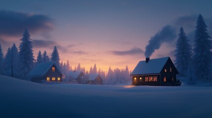 Fototapeta premium Dawn in a snowy village with charming houses, creating a winter fairy tale atmosphere for Christmas and New Year 2025