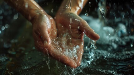 Fototapeta premium Water cascades over hands, emphasizing the importance of cleanliness and hygiene while washing in a bright, tidy environment. Generative AI