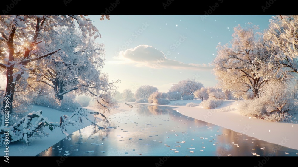 Wall mural Serene Winter Landscape with Snowy Trees and River