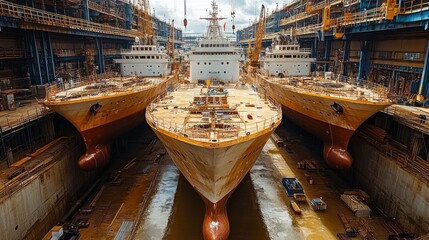 Fototapeta premium Three large ships in a shipyard under construction.
