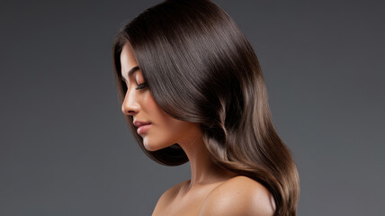 A woman with long hair is standing in front of a grey background. She has a nice smile on her face