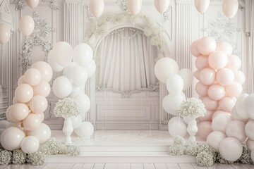 Balloons in white and pastel colors elegantly decorate a wedding ceremony, creating a romantic atmosphere in the venue. Generative AI
